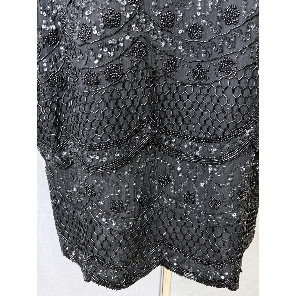 Brilliante by JA Vintage 80s Black Silk Beaded Sequin Cocktail Dress L - Picture 2 of 13